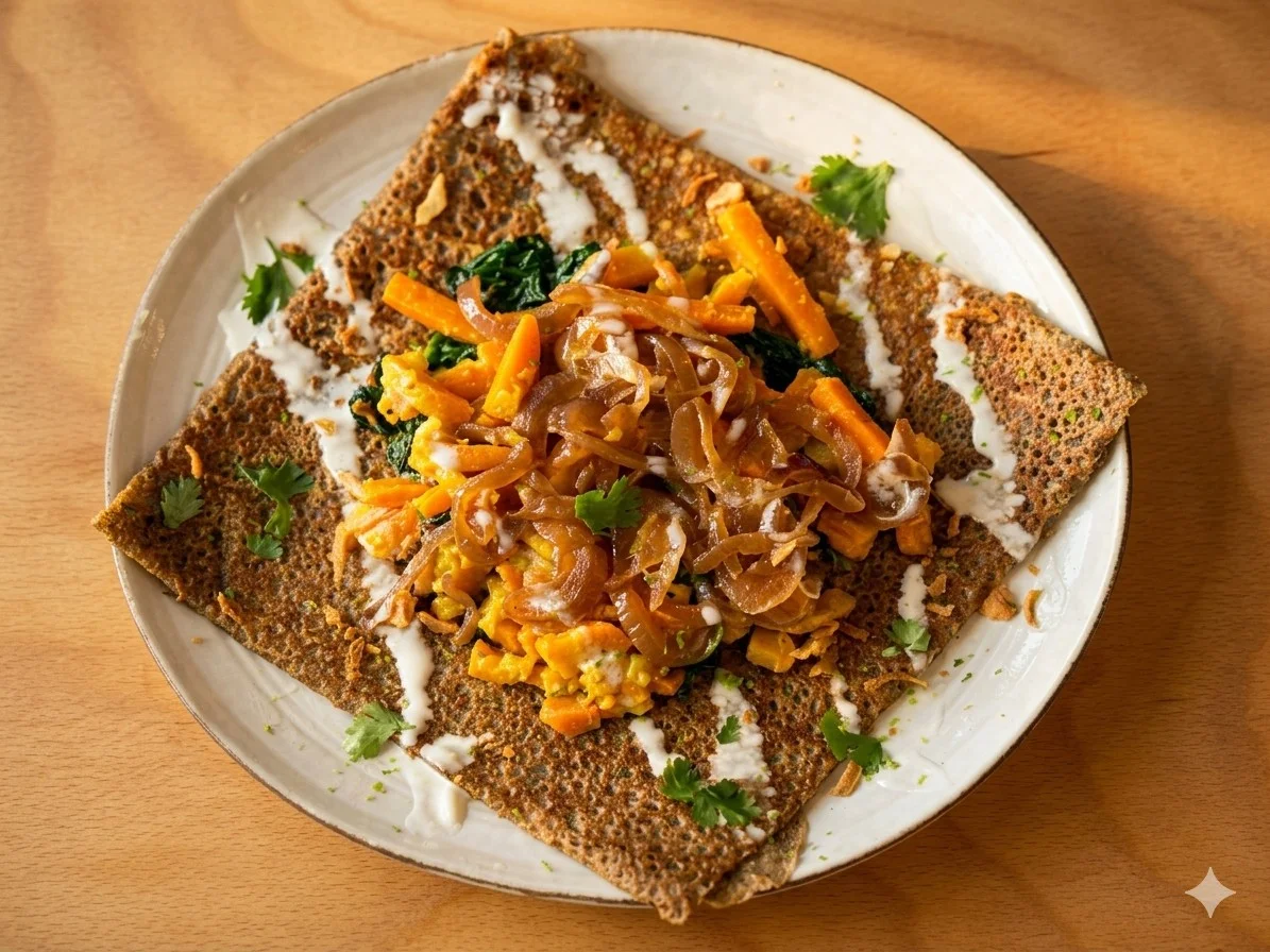 Galette de sarrasin garnie de carottes, épinards et coriandre