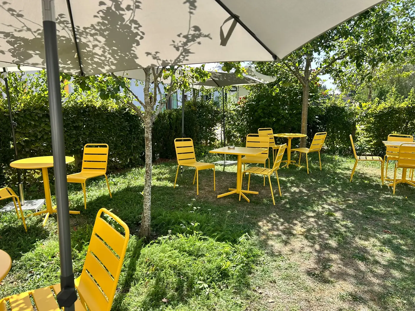La terrasse de L'Atelier, tables et chaises jaunes à l'ombre des arbres